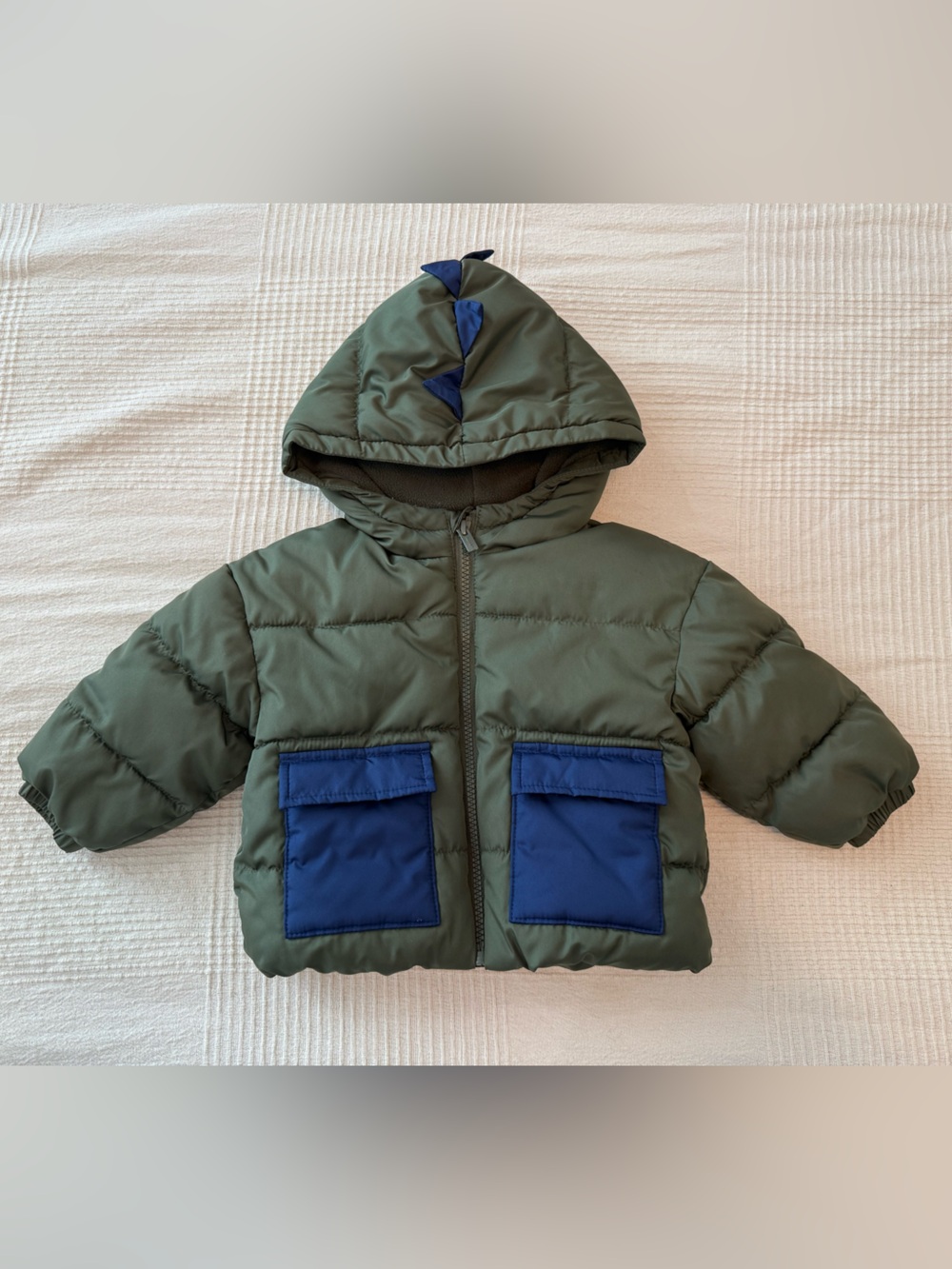Old Navy Olive Green Hooded Puffer Jacket with Navy Dino Accents